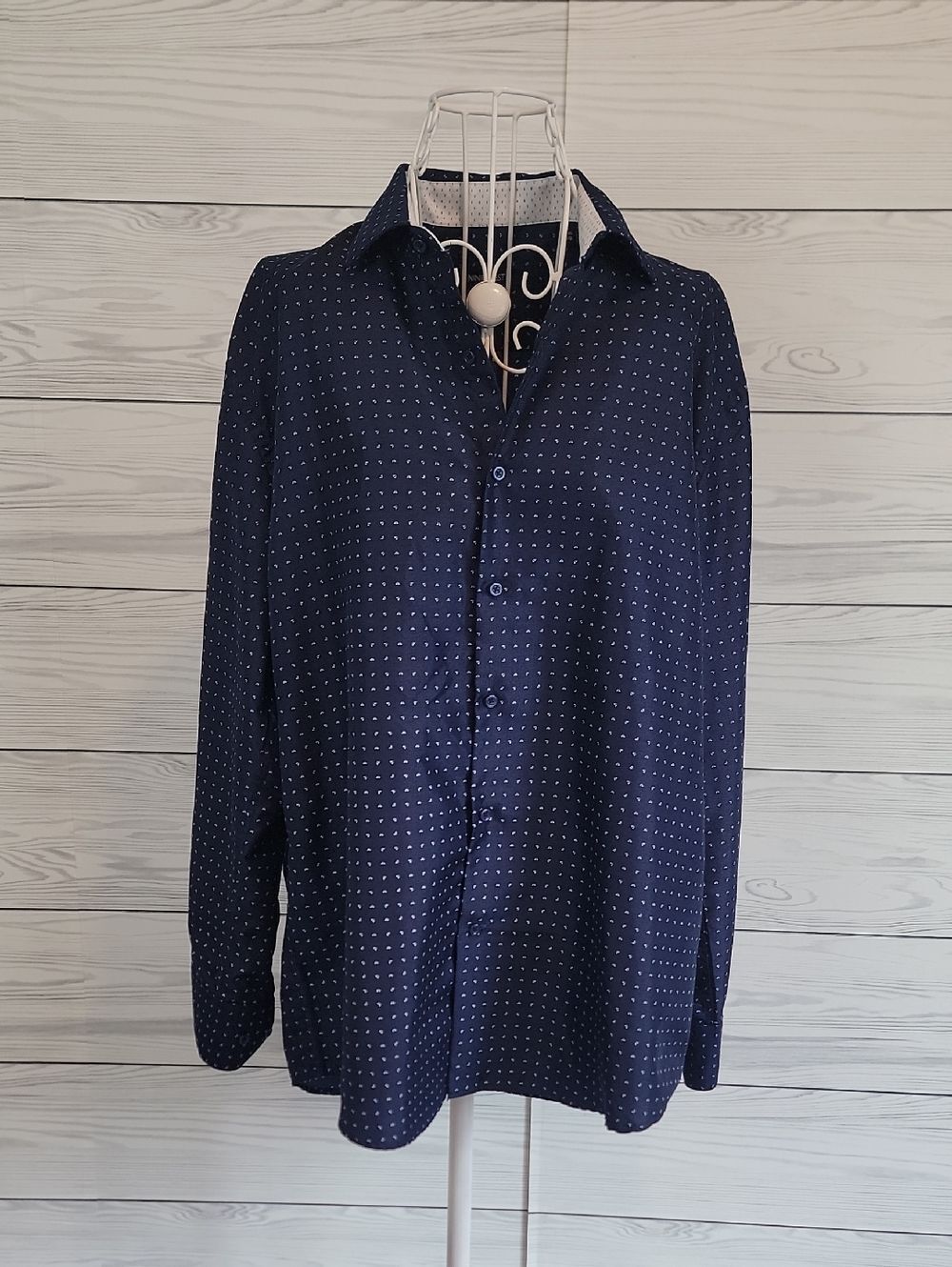 Nine West Navy Micro Print Button-Up Shirt Mens Size L